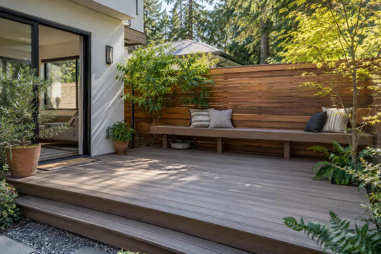 Capped composite deck with an integrated bench