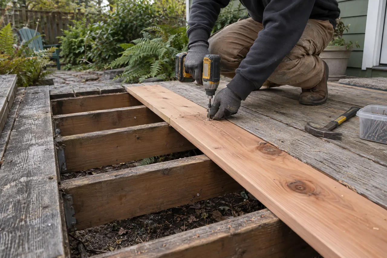 Replacing a damaged cedar deck board beside a garden
