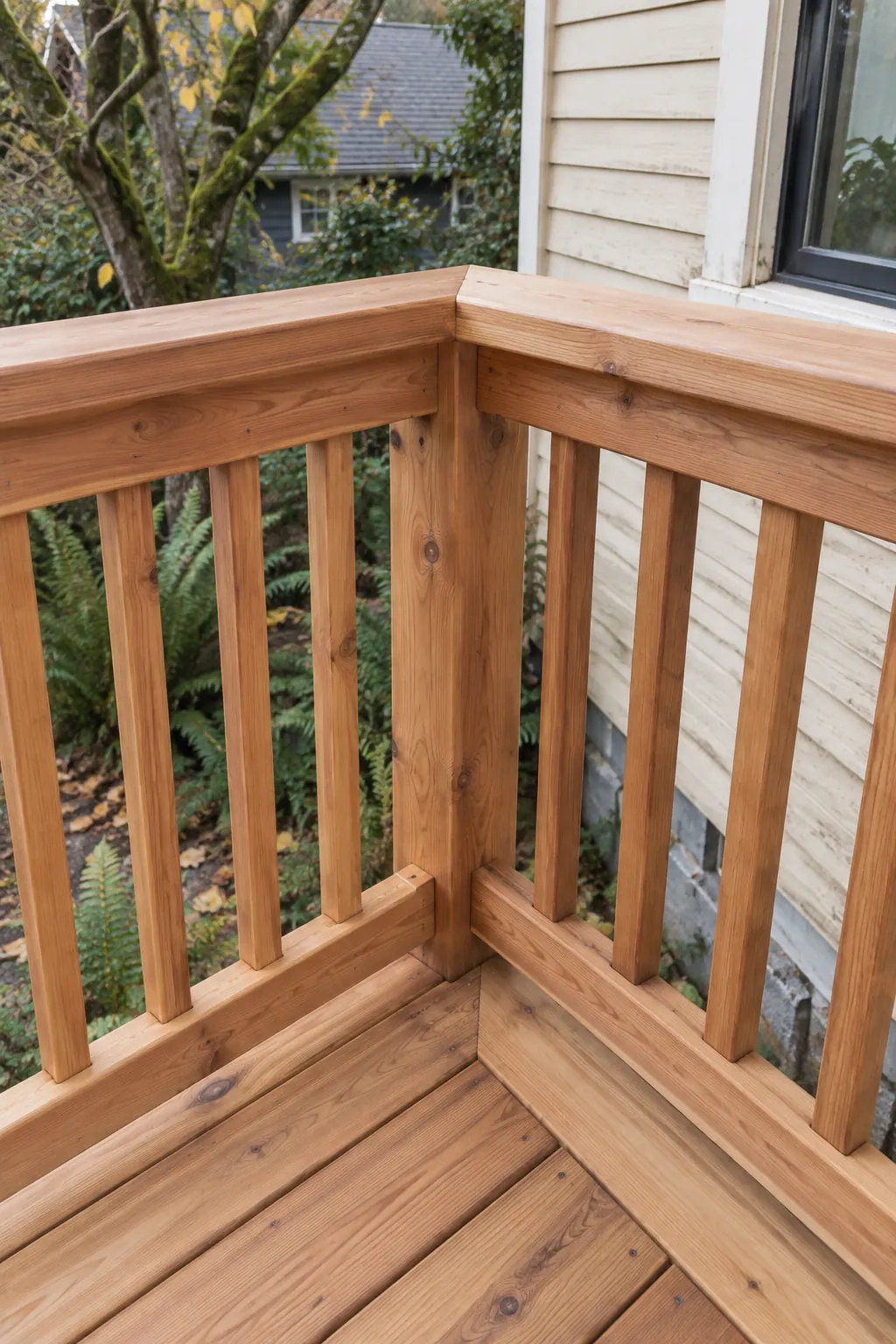 Close view of cedar deck joinery and finishing details