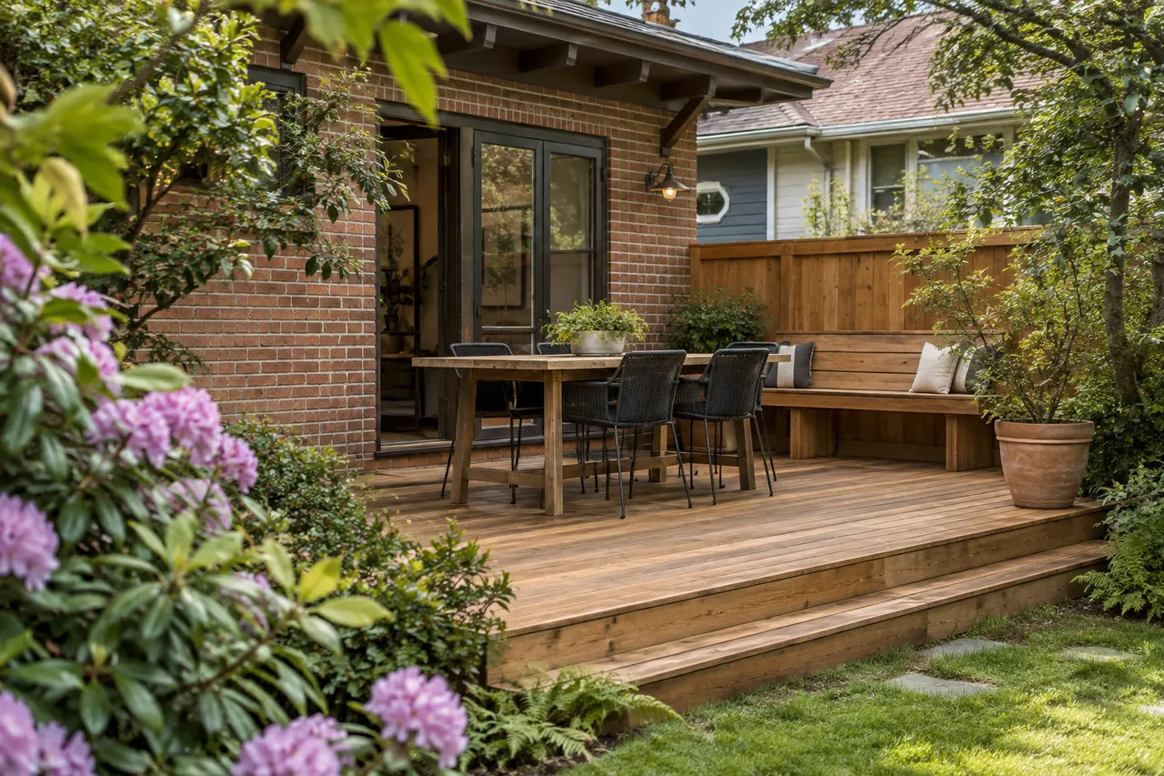Cedar deck design in a Craftsman-style backyard