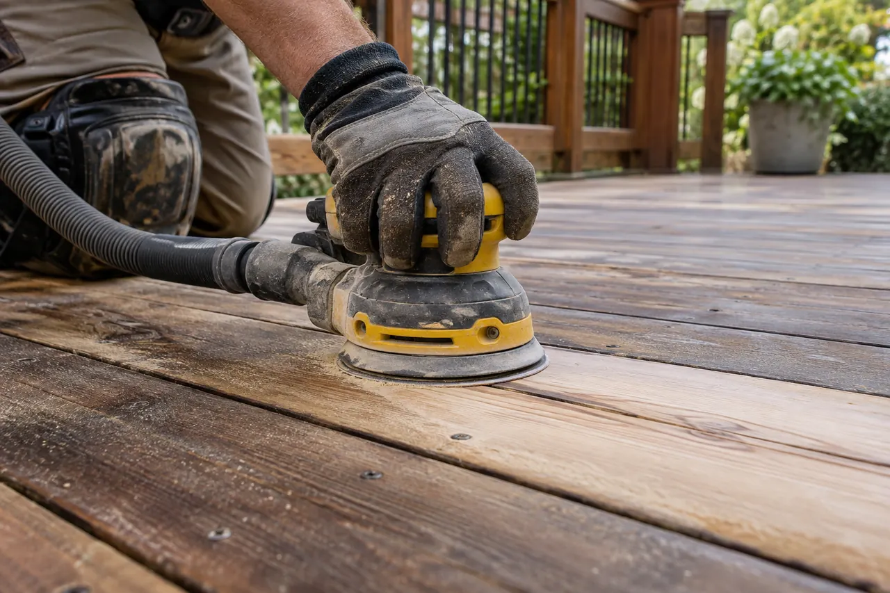 Sanding old cedar deck boards before refinishing