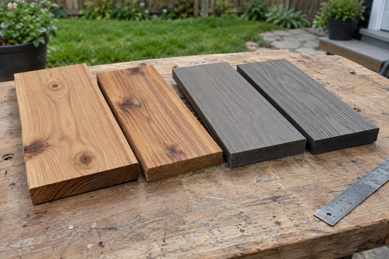 Cedar and composite decking samples compared side by side