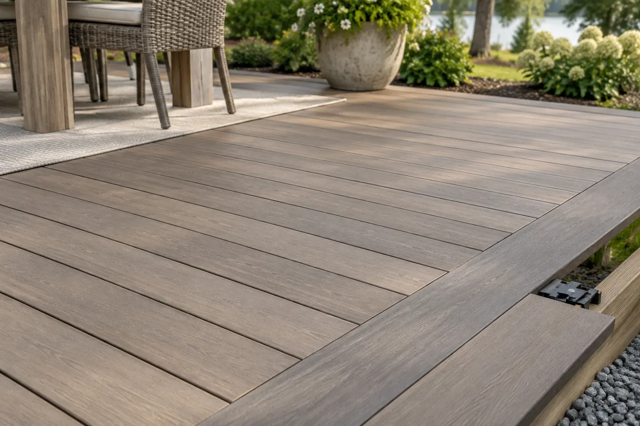 Close-up of composite board grain and concealed fasteners
