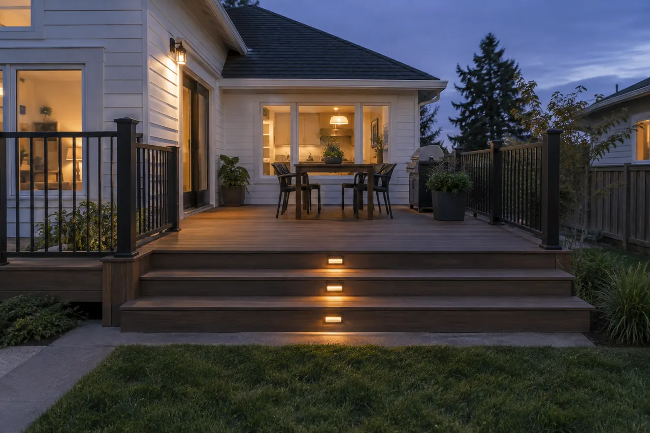 Composite deck with illuminated steps at dusk