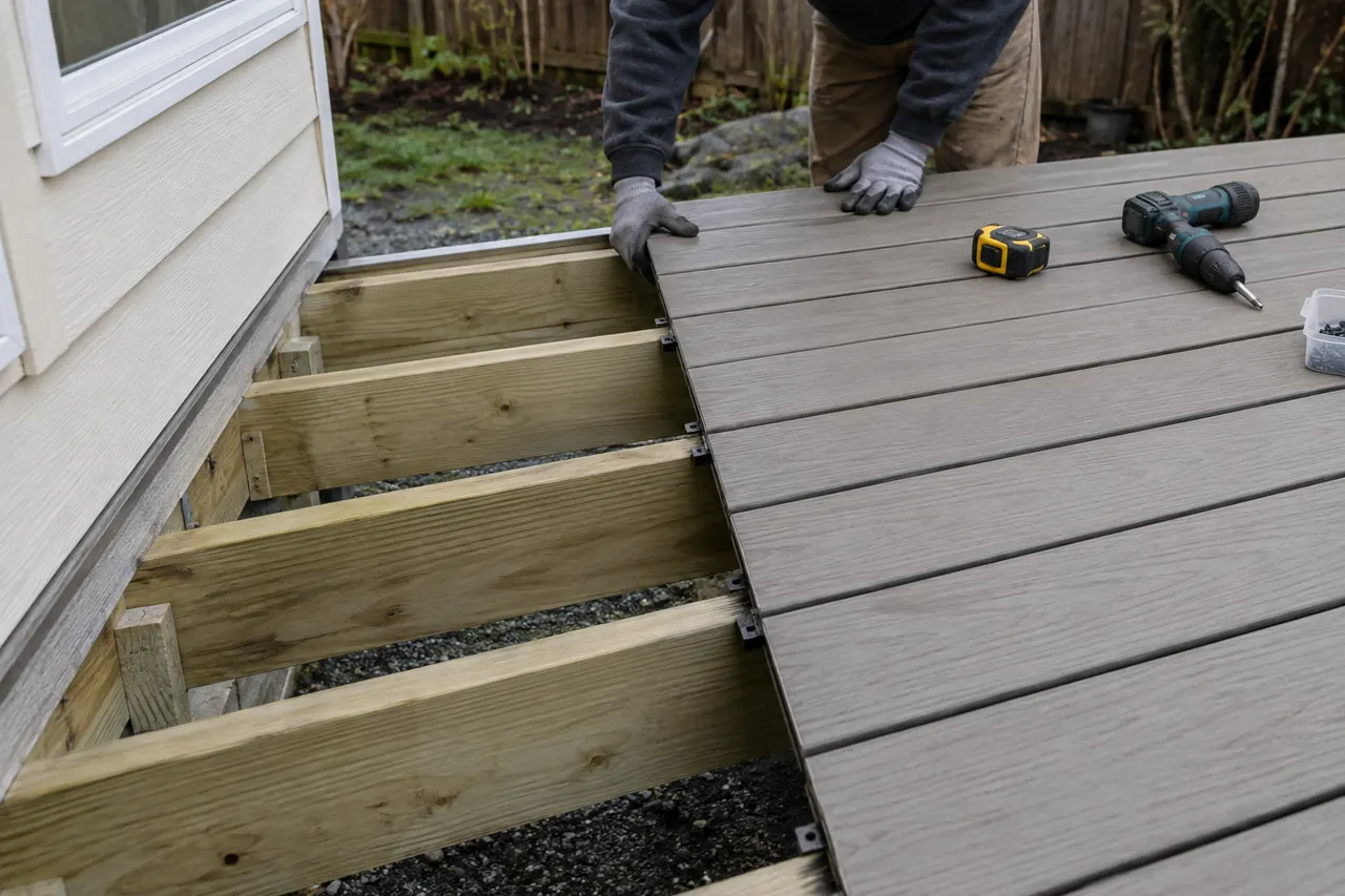 Installing gray composite decking on a timber frame