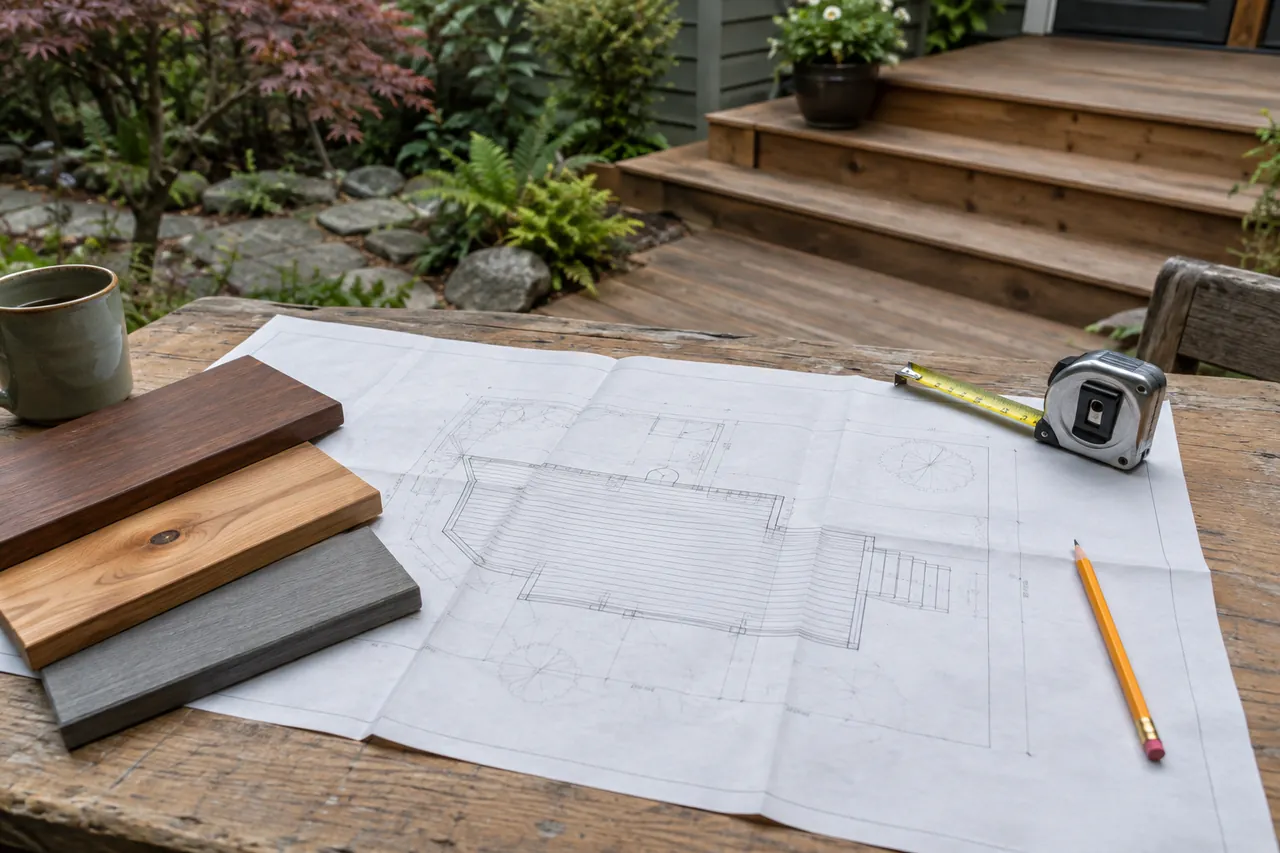 Deck design drawing with cedar and composite material samples
