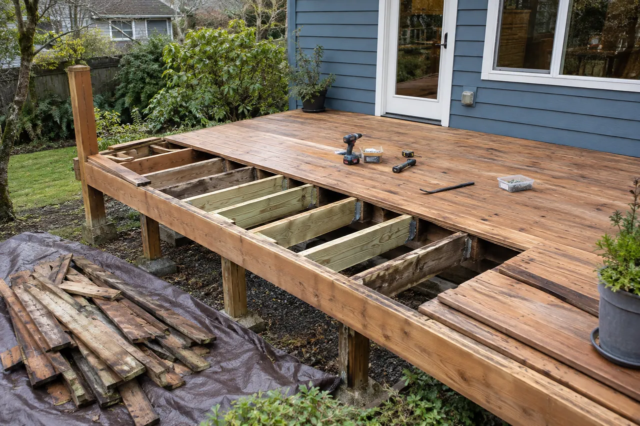 Cedar deck resurfacing and repaired framing