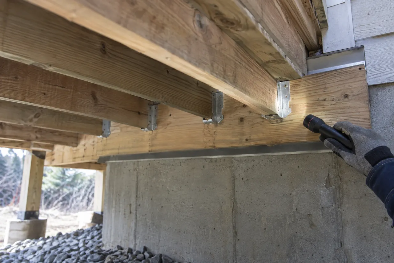 Inspecting the ledger connection beneath a raised deck