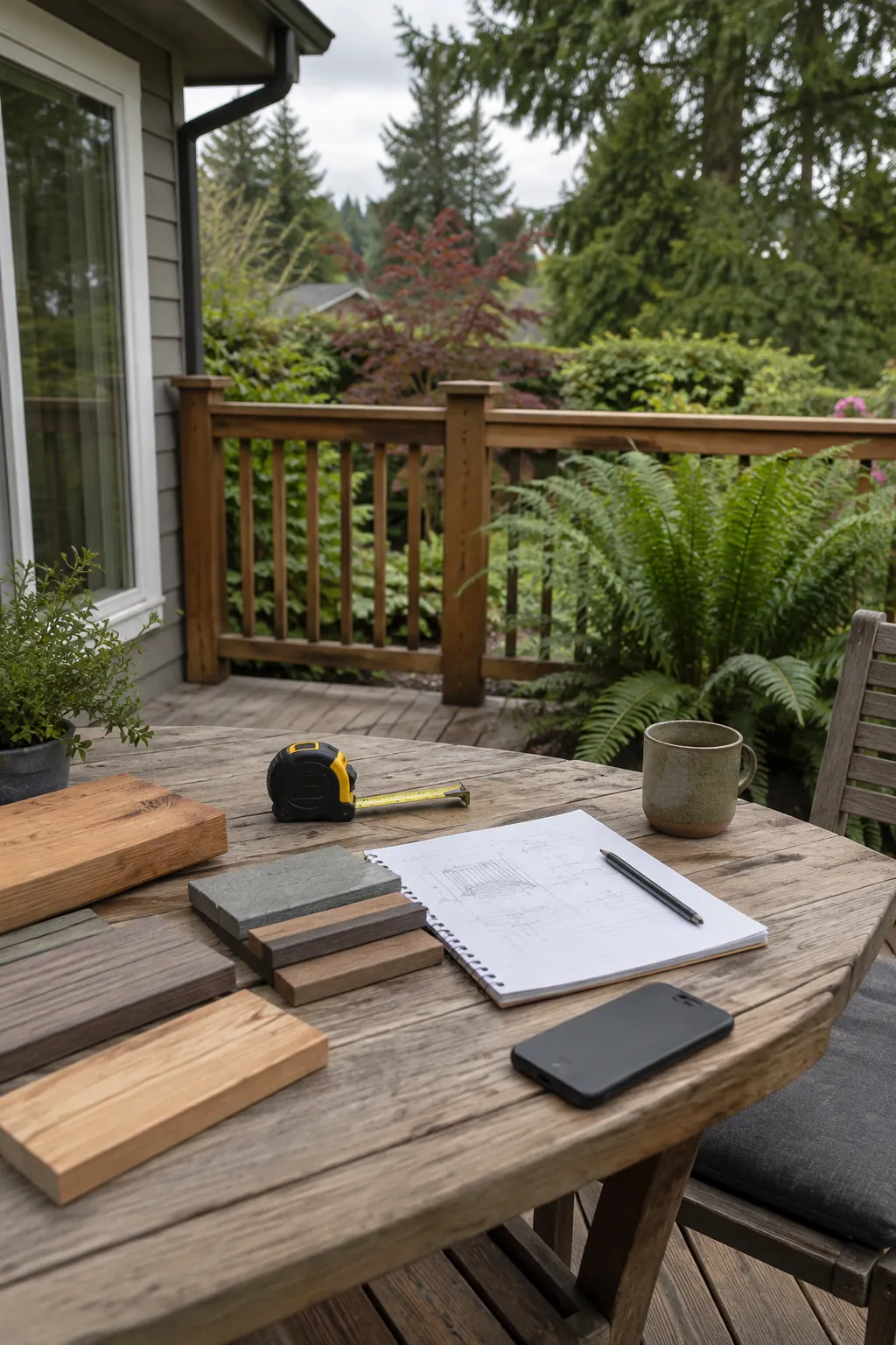 Phone consultation beside deck material samples