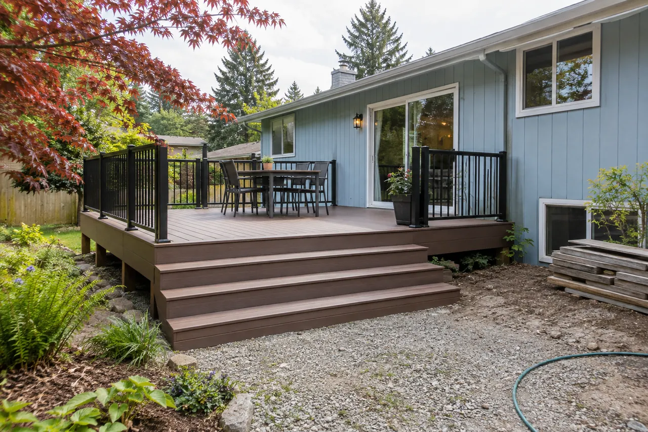 Brown composite replacement deck with broad steps and black railing