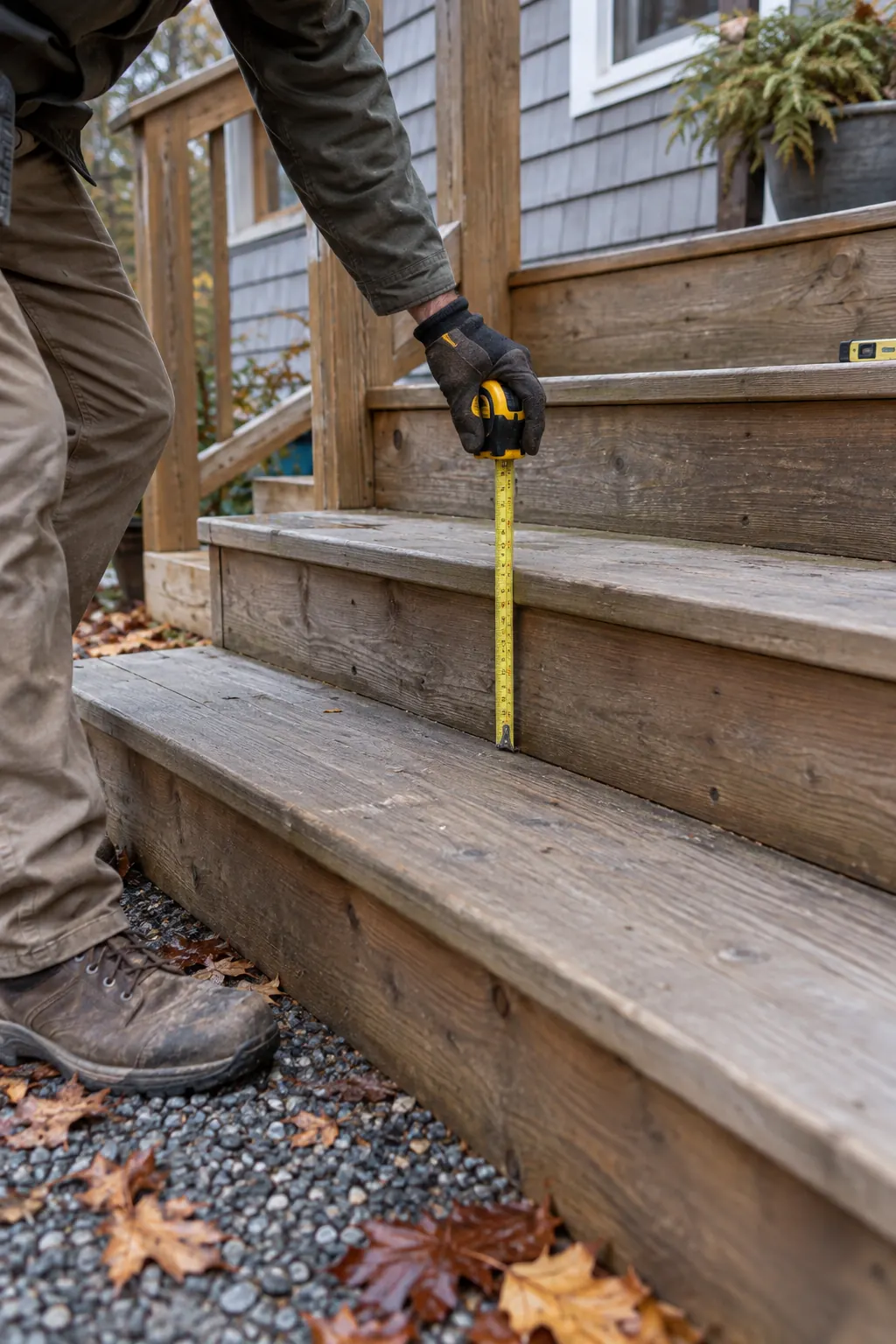 Measuring deck stairs during a site visit