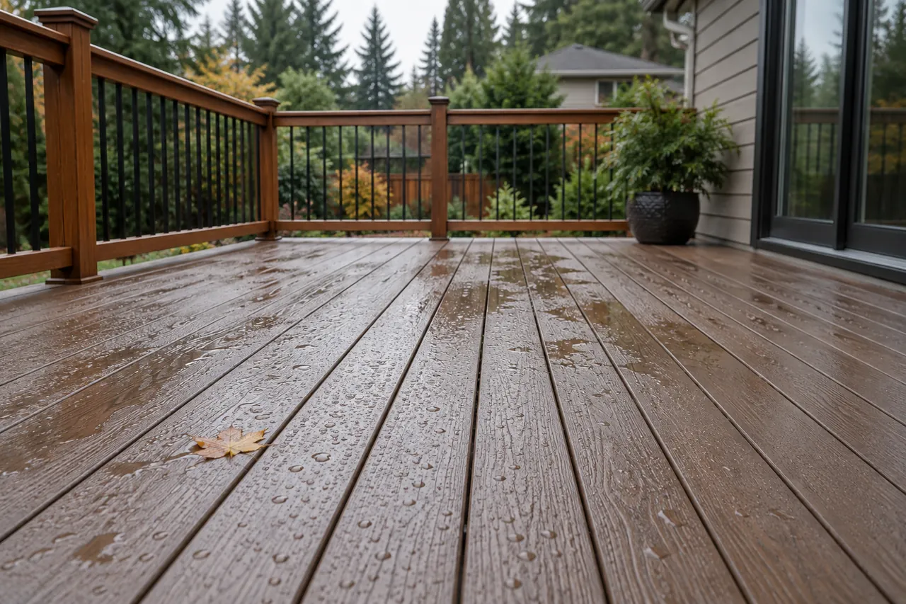 Rain droplets on decking materials in damp weather