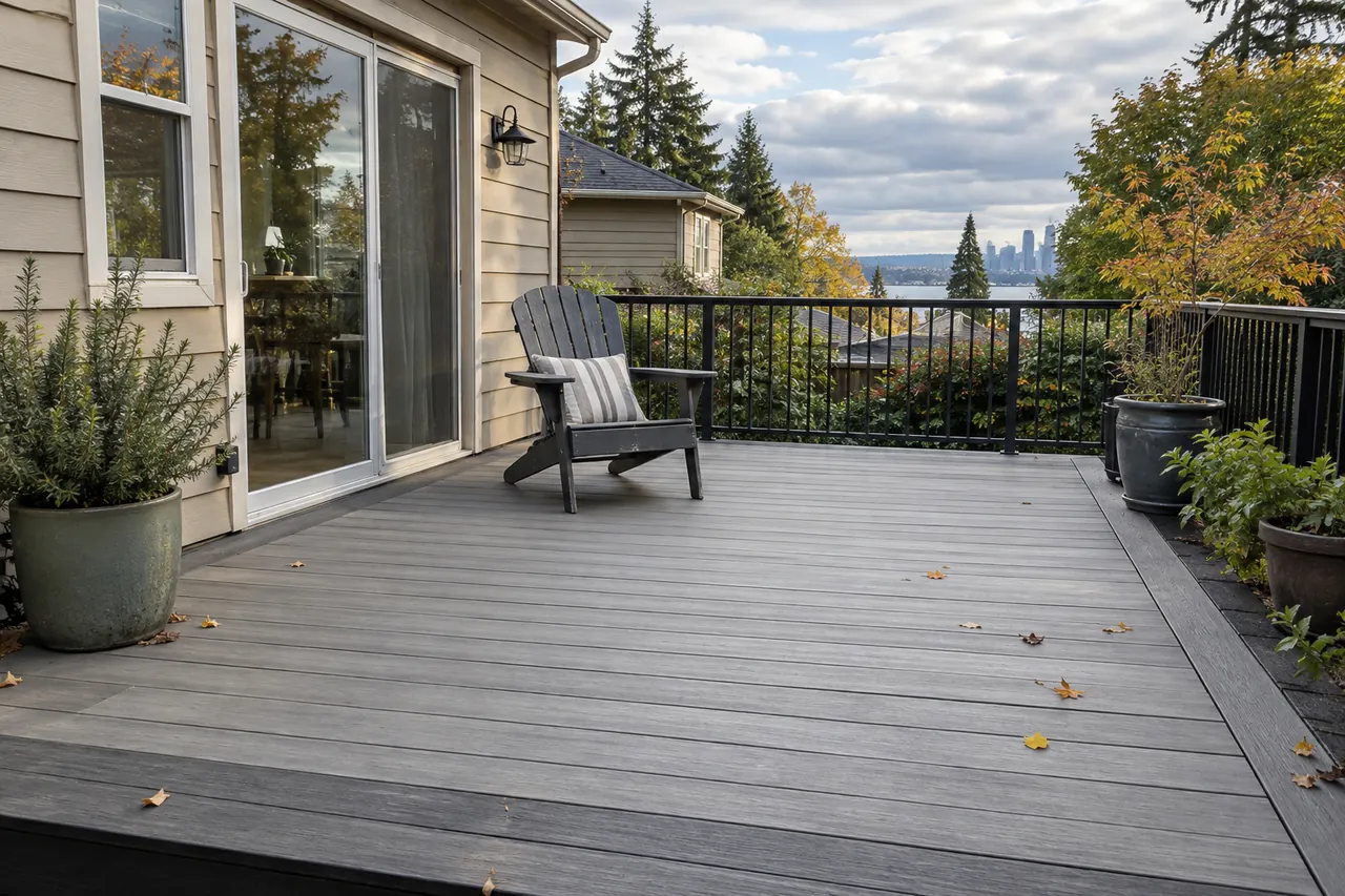 Gray composite deck beside a backyard garden
