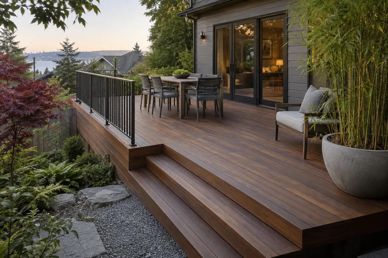 Rich brown IPE hardwood decking in a garden