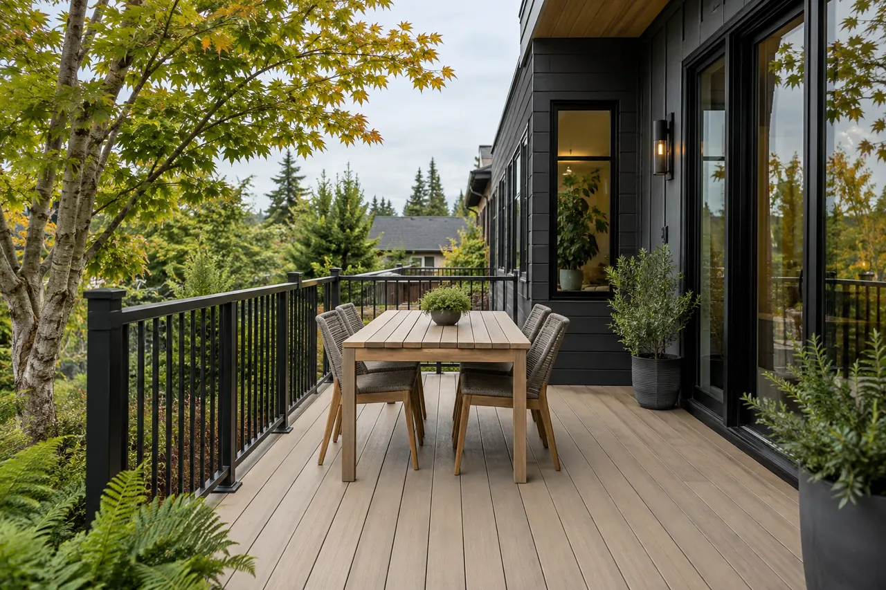 Light oak-colored polymer deck beside a modern home
