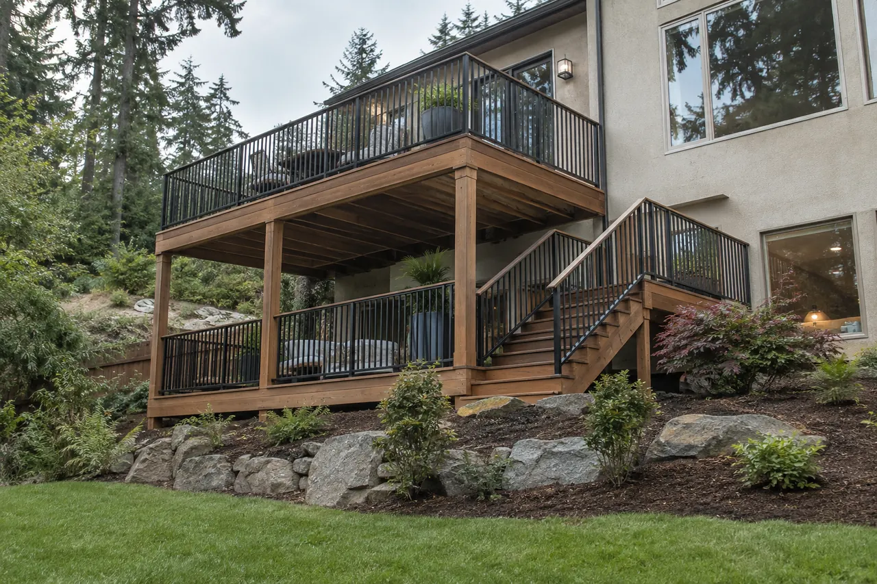 Multi-level IPE deck design on a wooded slope