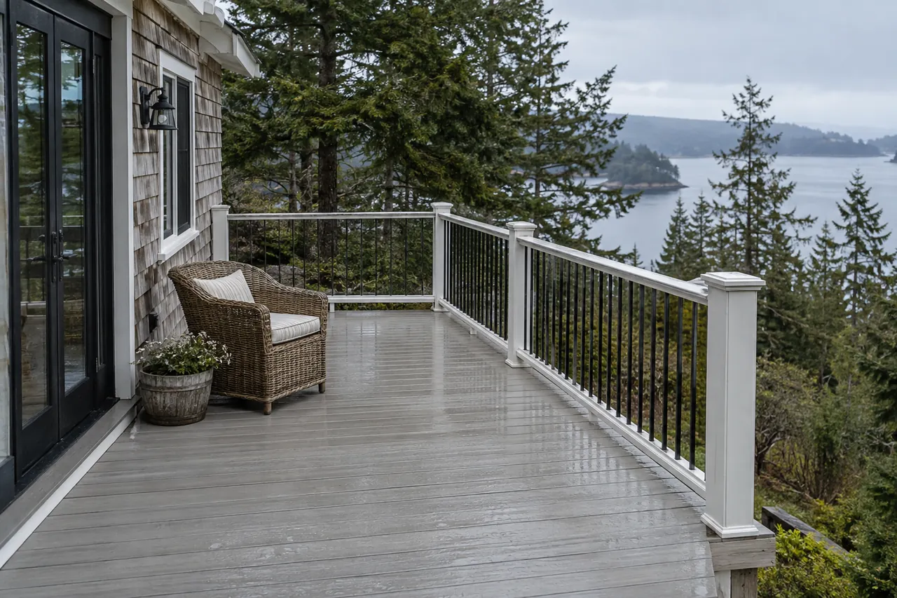 Light-colored PVC decking with coastal-style landscaping