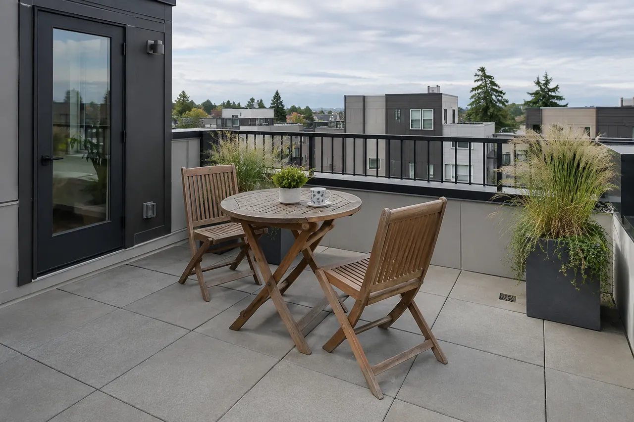 Rooftop deck design with pavers and outdoor seating