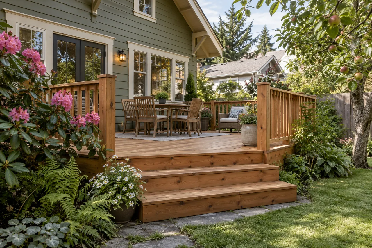 Western red cedar deck beside a Craftsman-style home