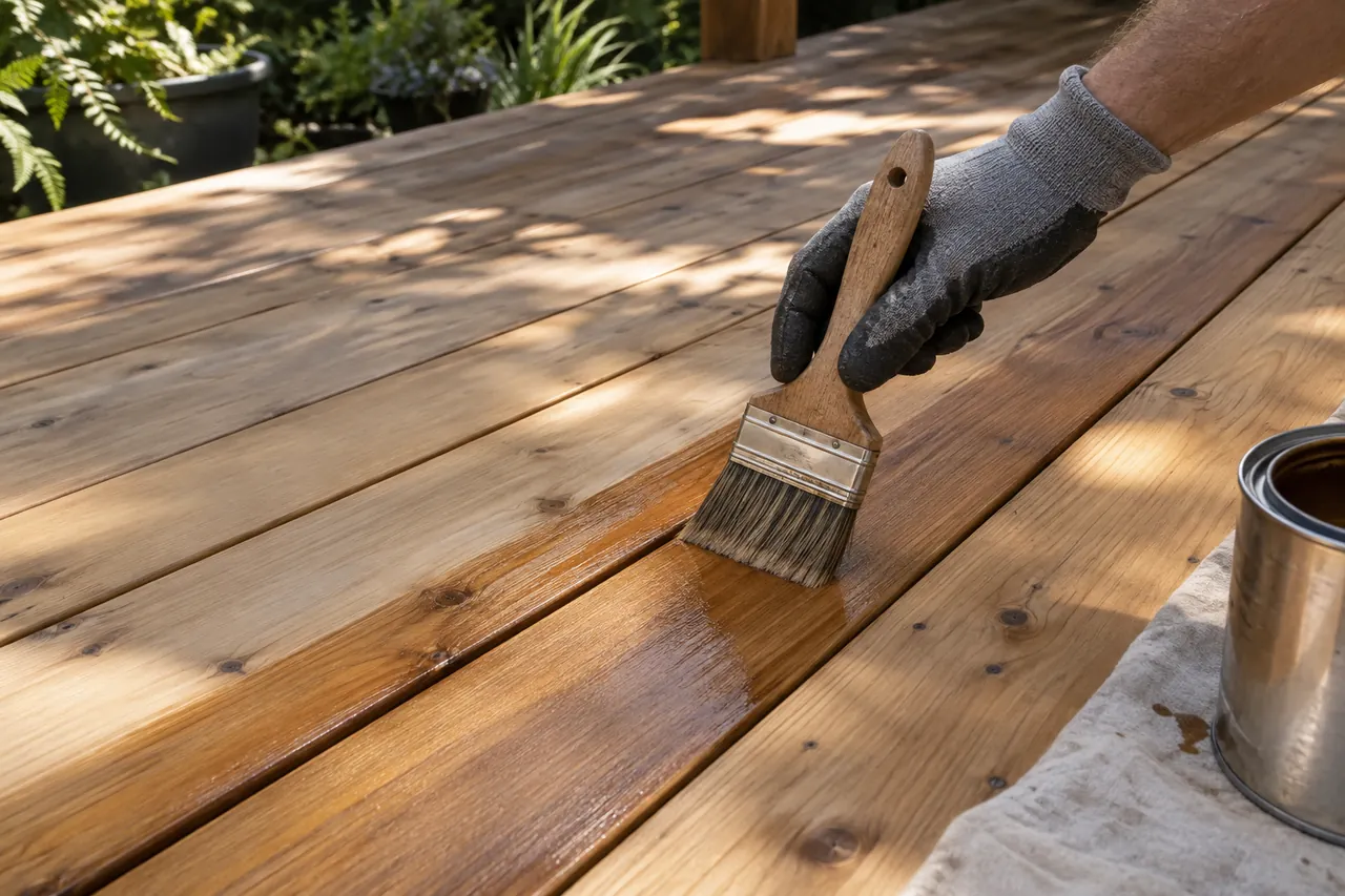 Applying stain along the grain of cedar decking