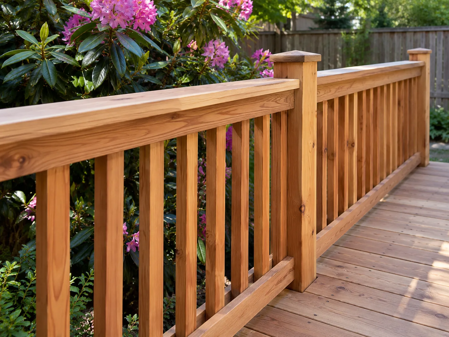 Cedar deck guardrail with vertical timber balusters