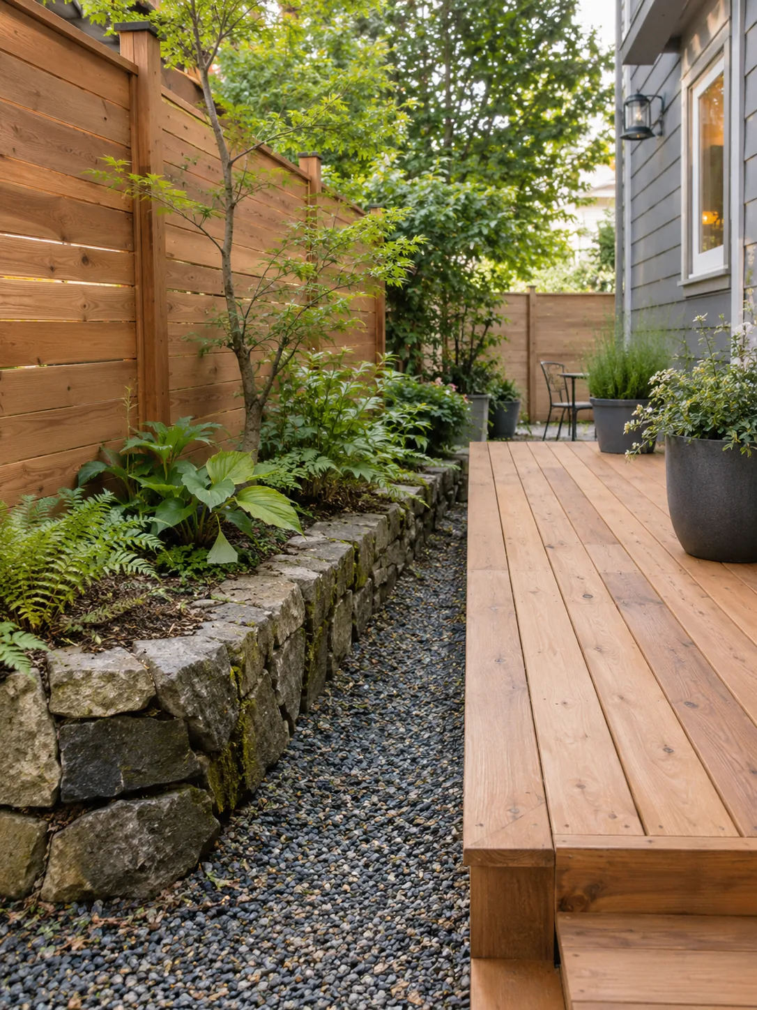 Cedar privacy fence beside a deck and stone garden wall