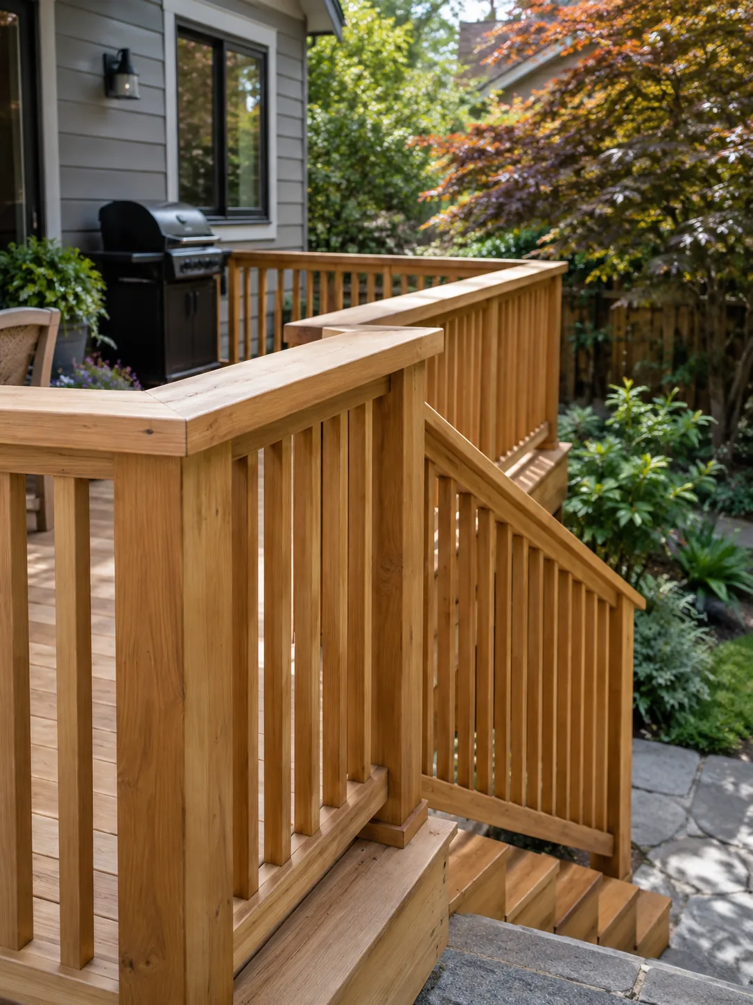 Cedar deck railing and steps down to a garden