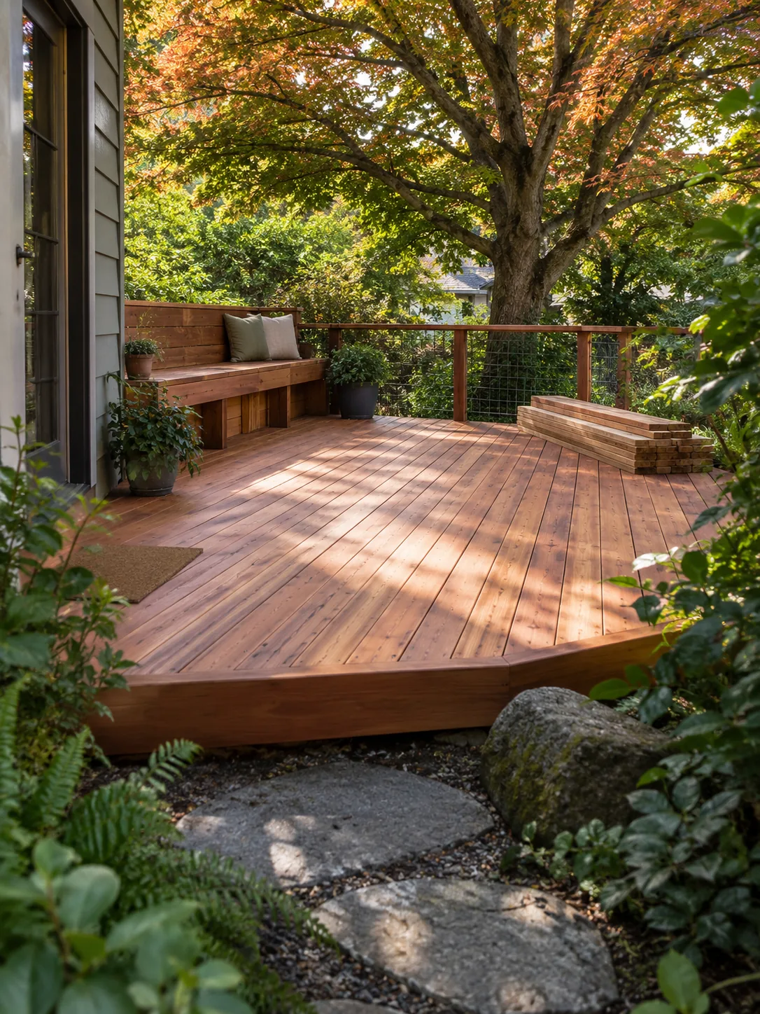 Cedar deck with built-in seating and replacement boards