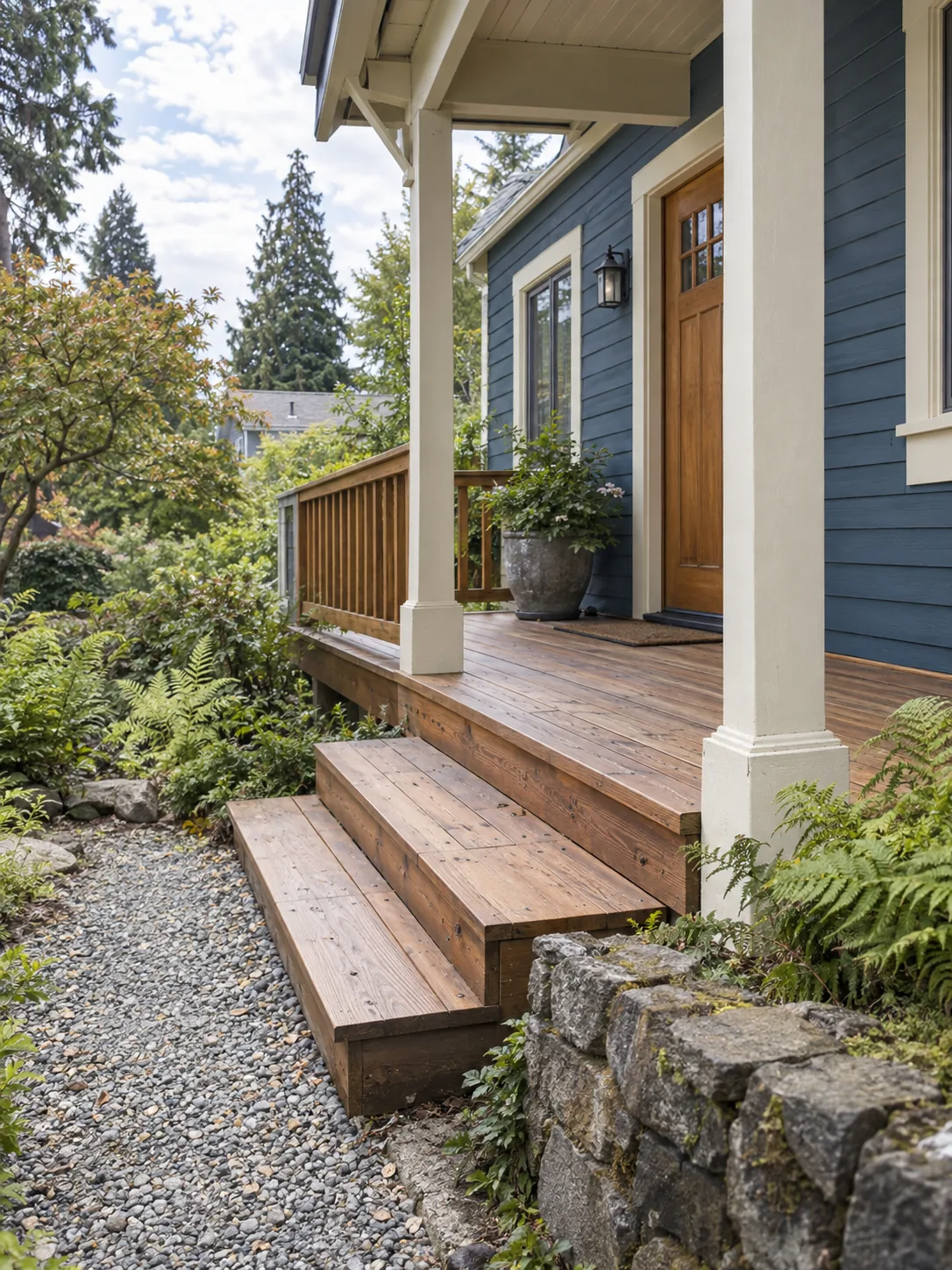 Restored cedar entry deck beside a Craftsman home