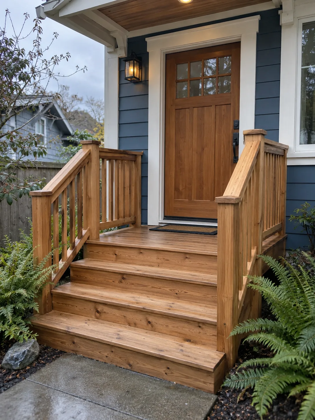 Cedar entry steps and railing beside a blue house