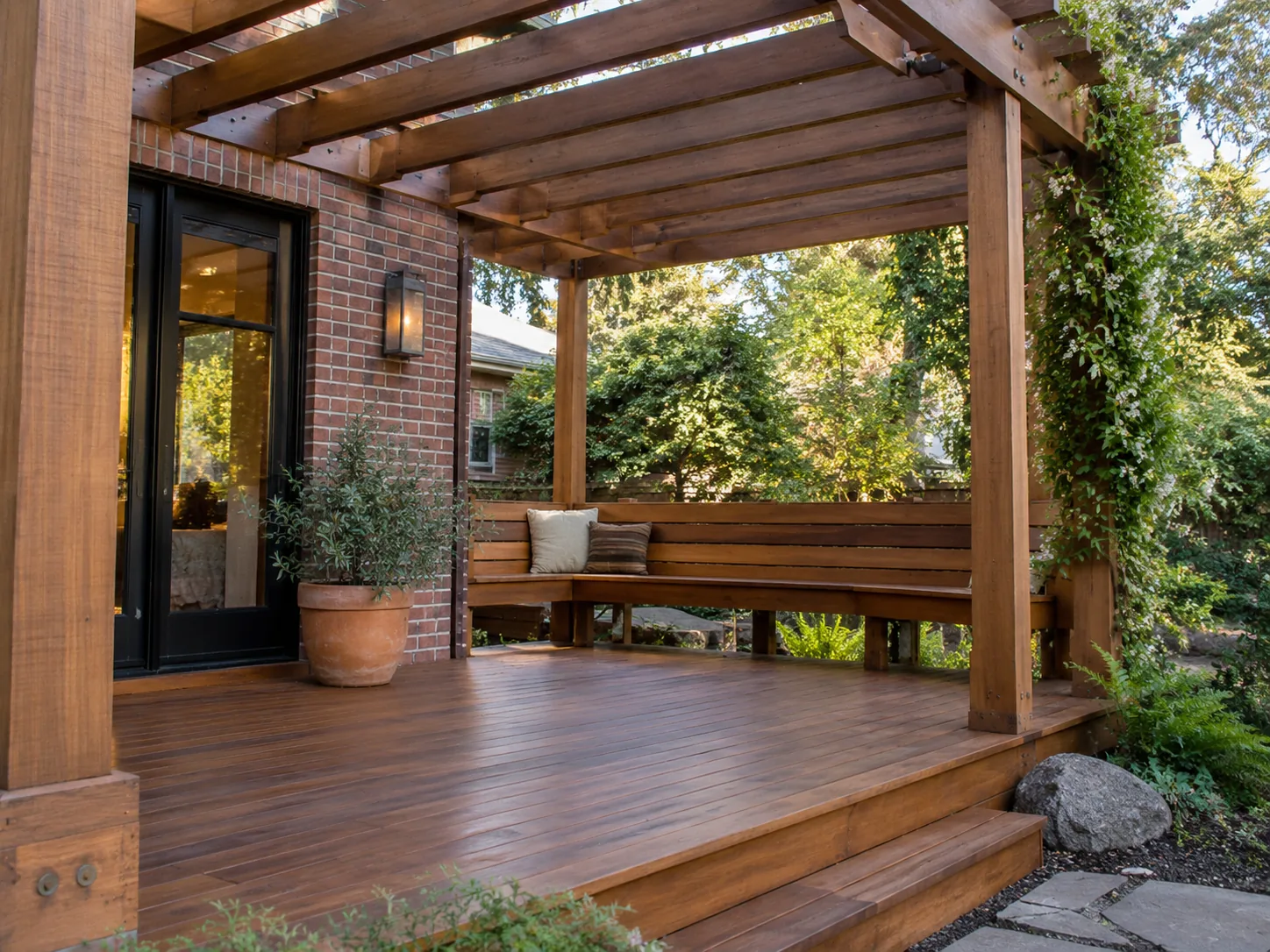 Cedar pergola over a deck with built-in seating