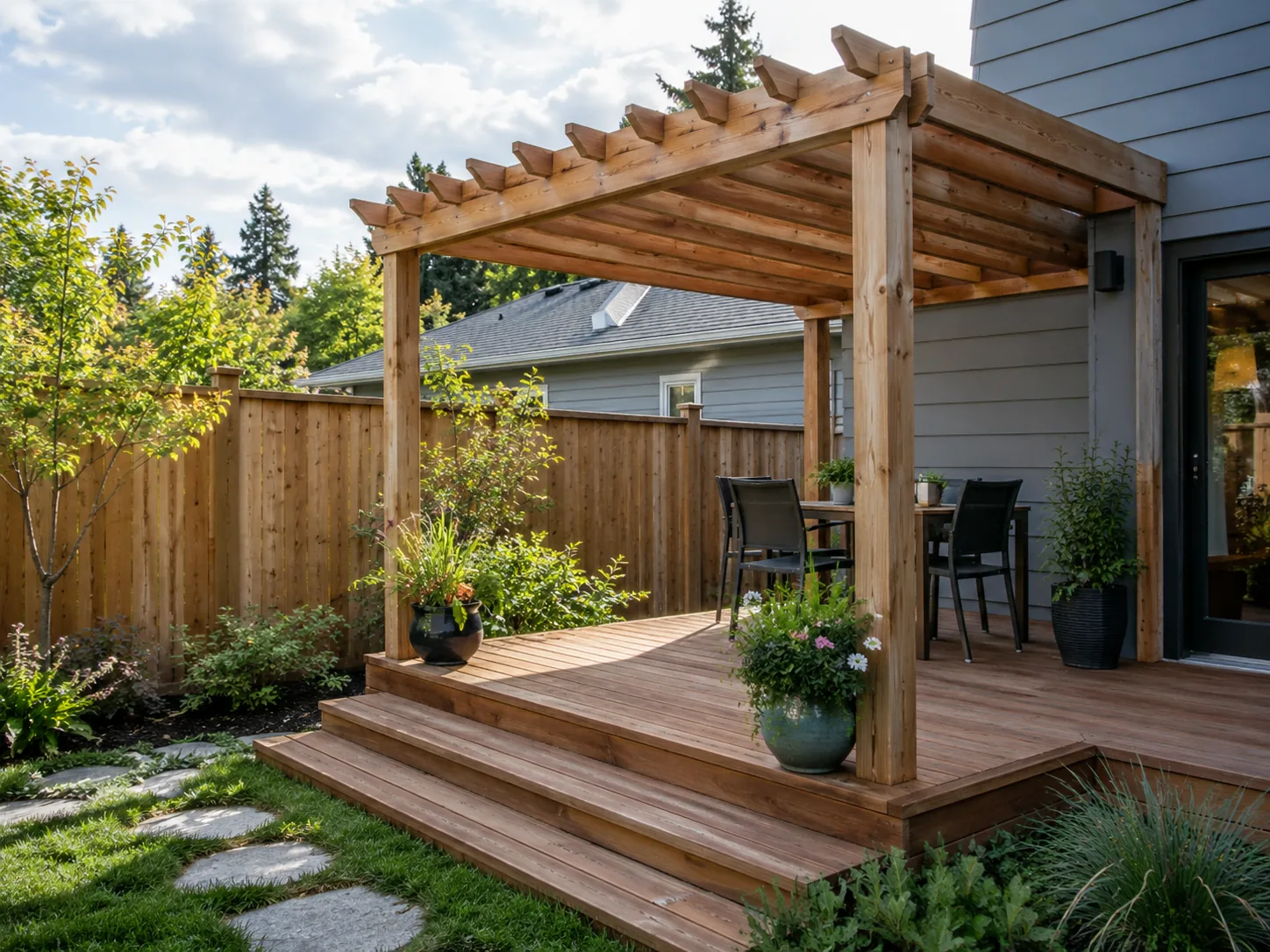 Cedar privacy screen and pergola beside a garden deck