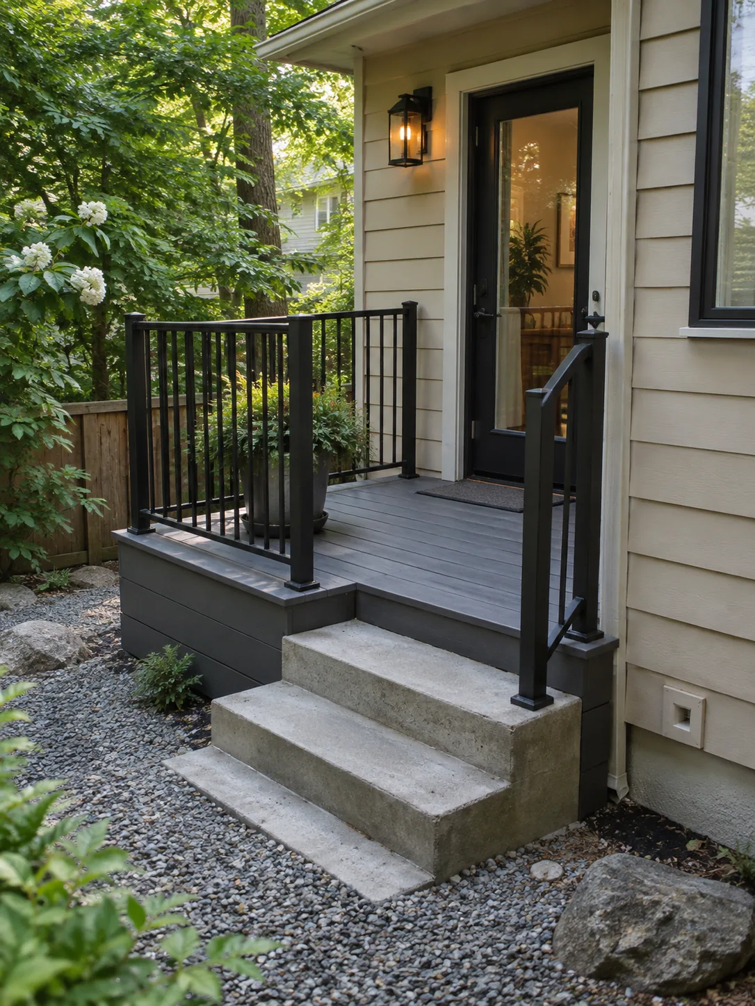 Compact composite landing with black metal railing