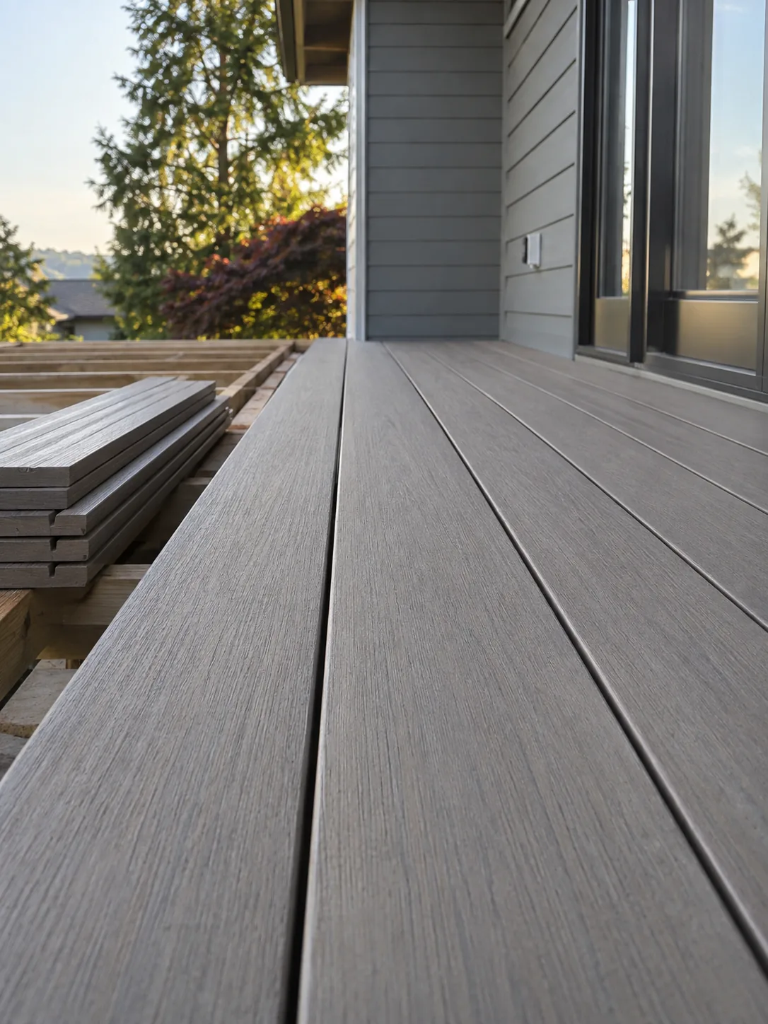 Composite decking boards aligned during installation