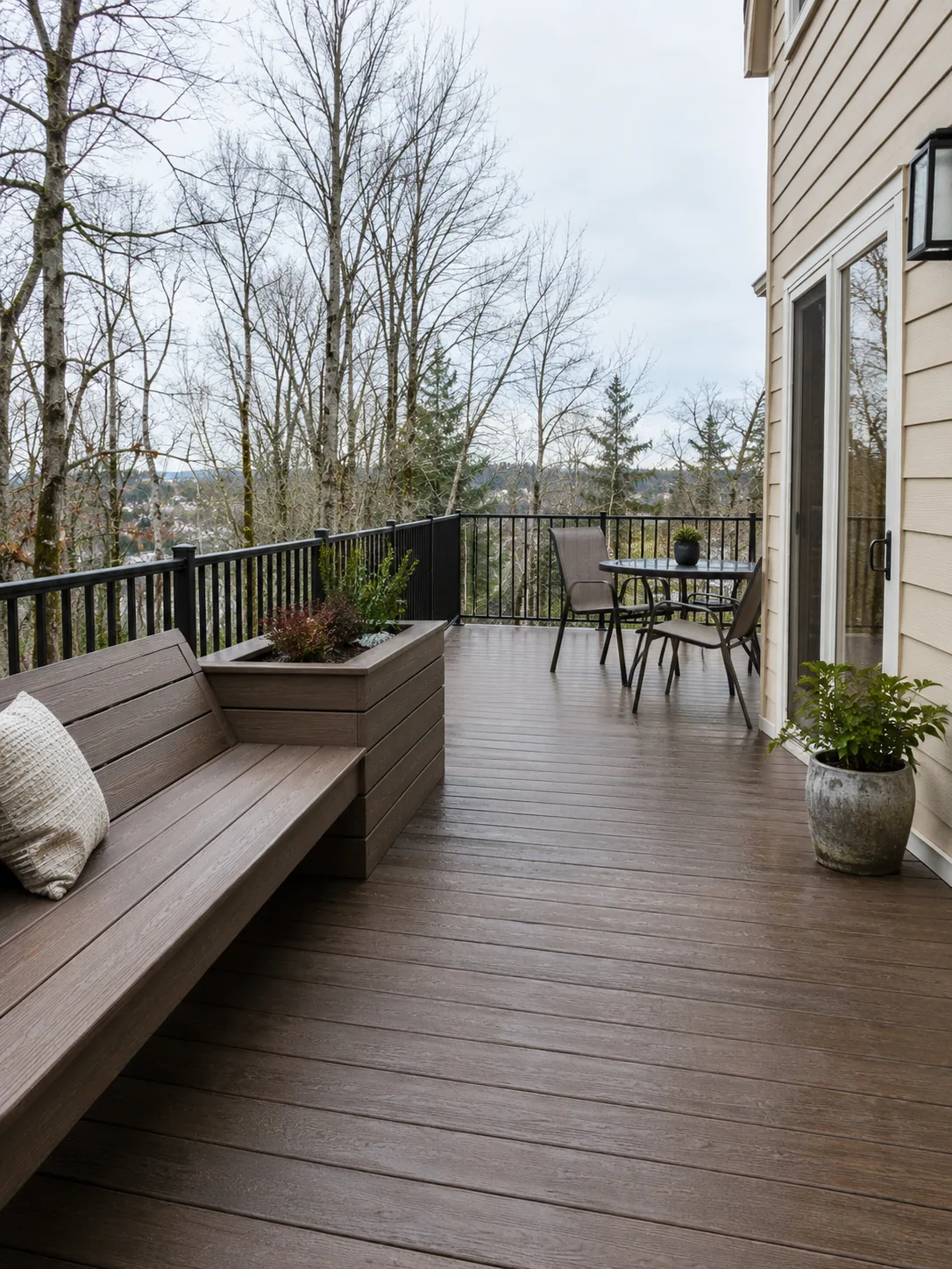 Brown composite deck with built-in bench and planter
