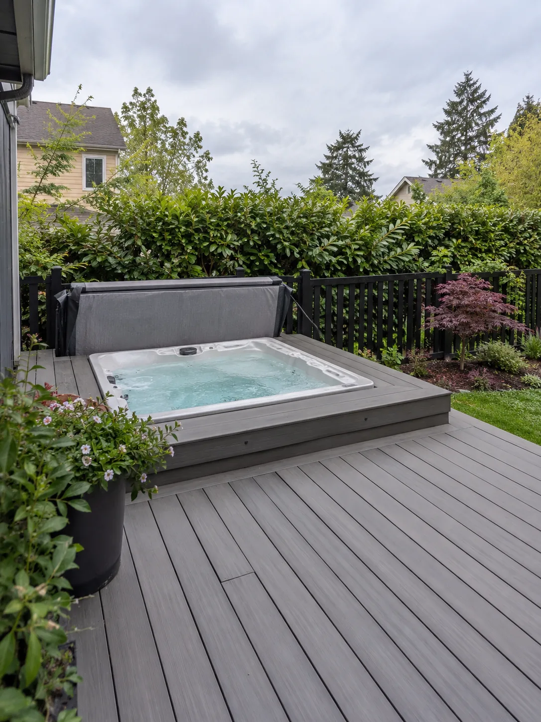 Gray composite deck around a backyard hot tub