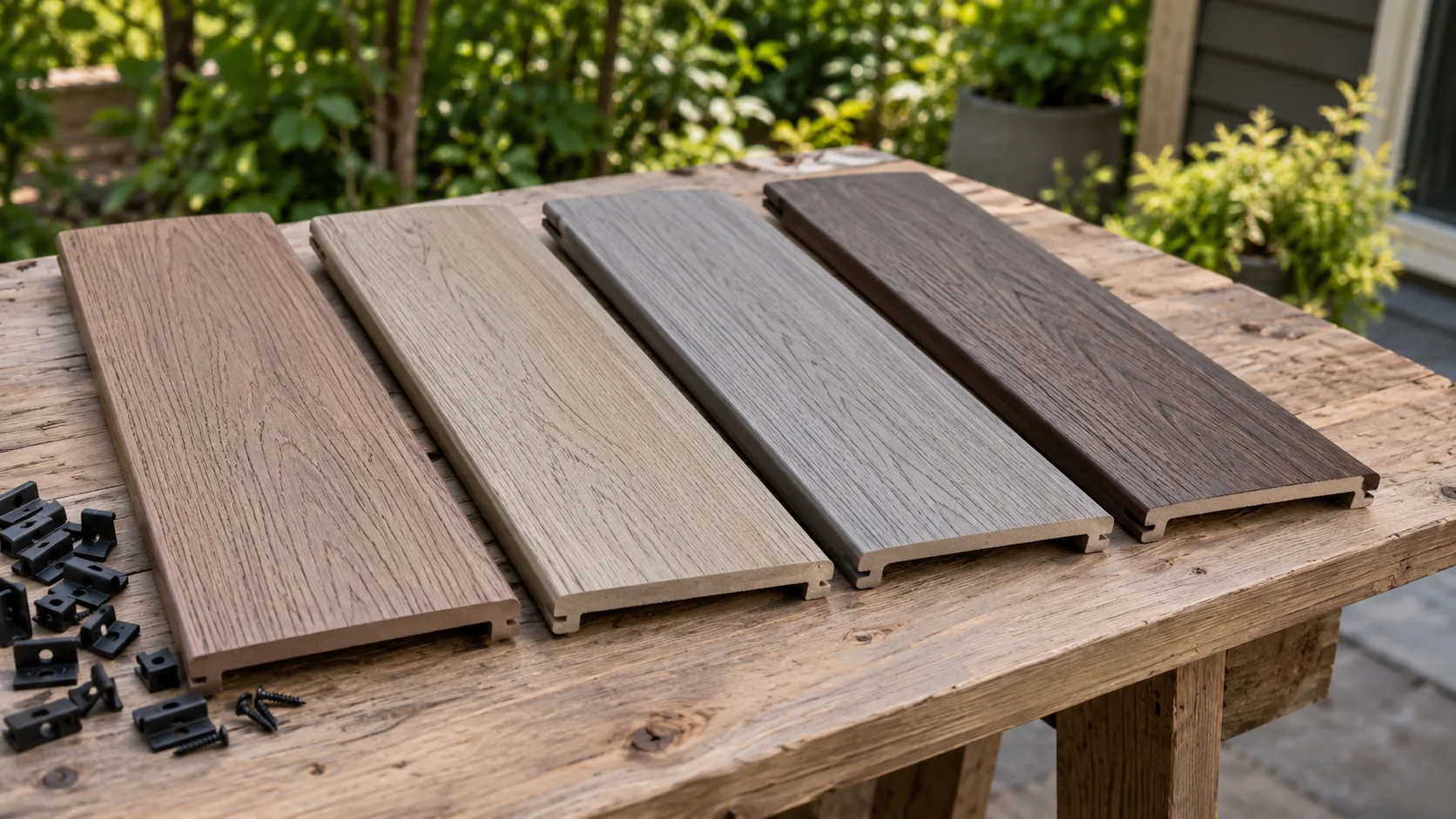 Composite decking samples in four colors and grain finishes