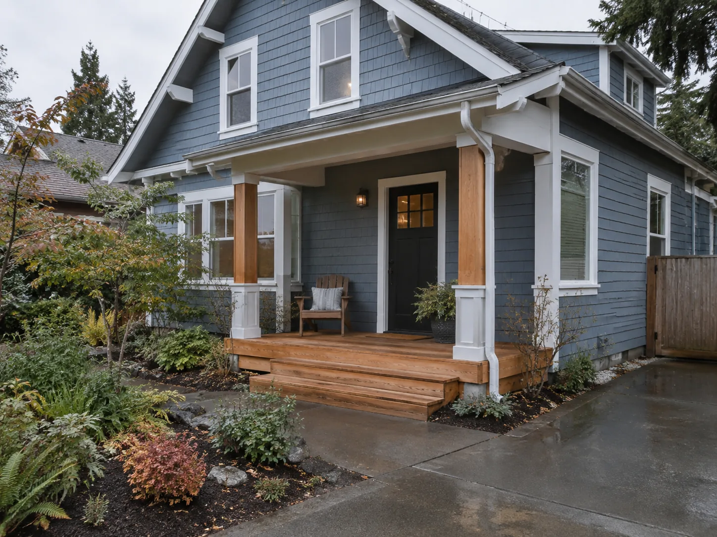 Craftsman home with a cedar porch and landscaped entry