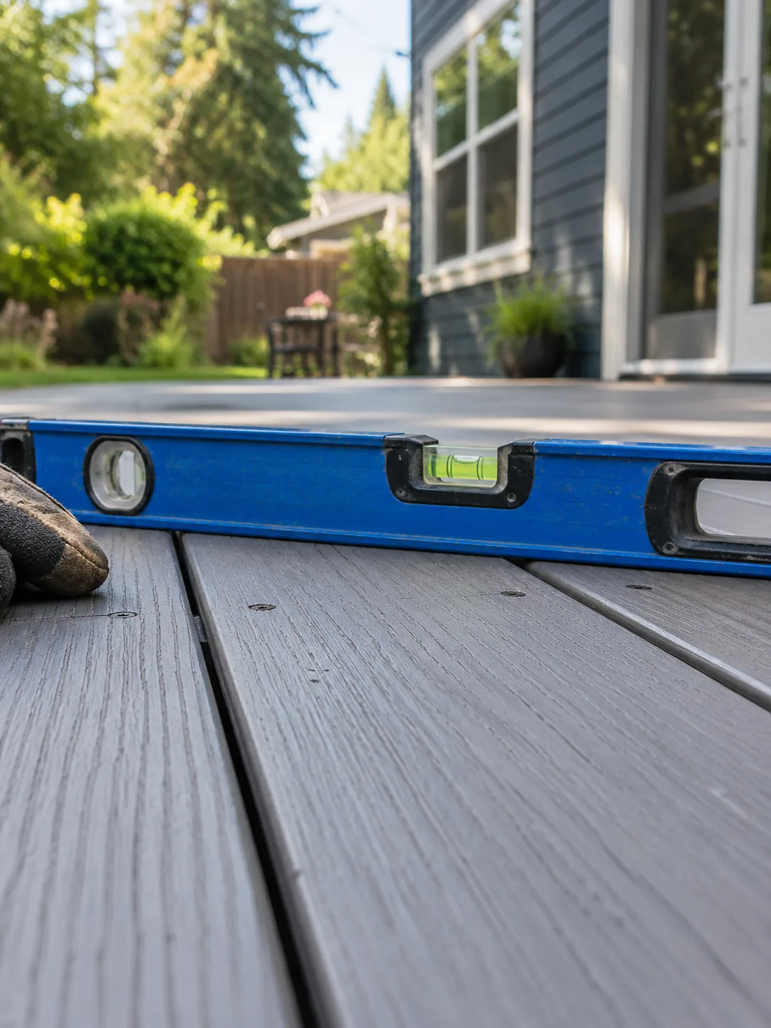 Checking the level of composite decking boards