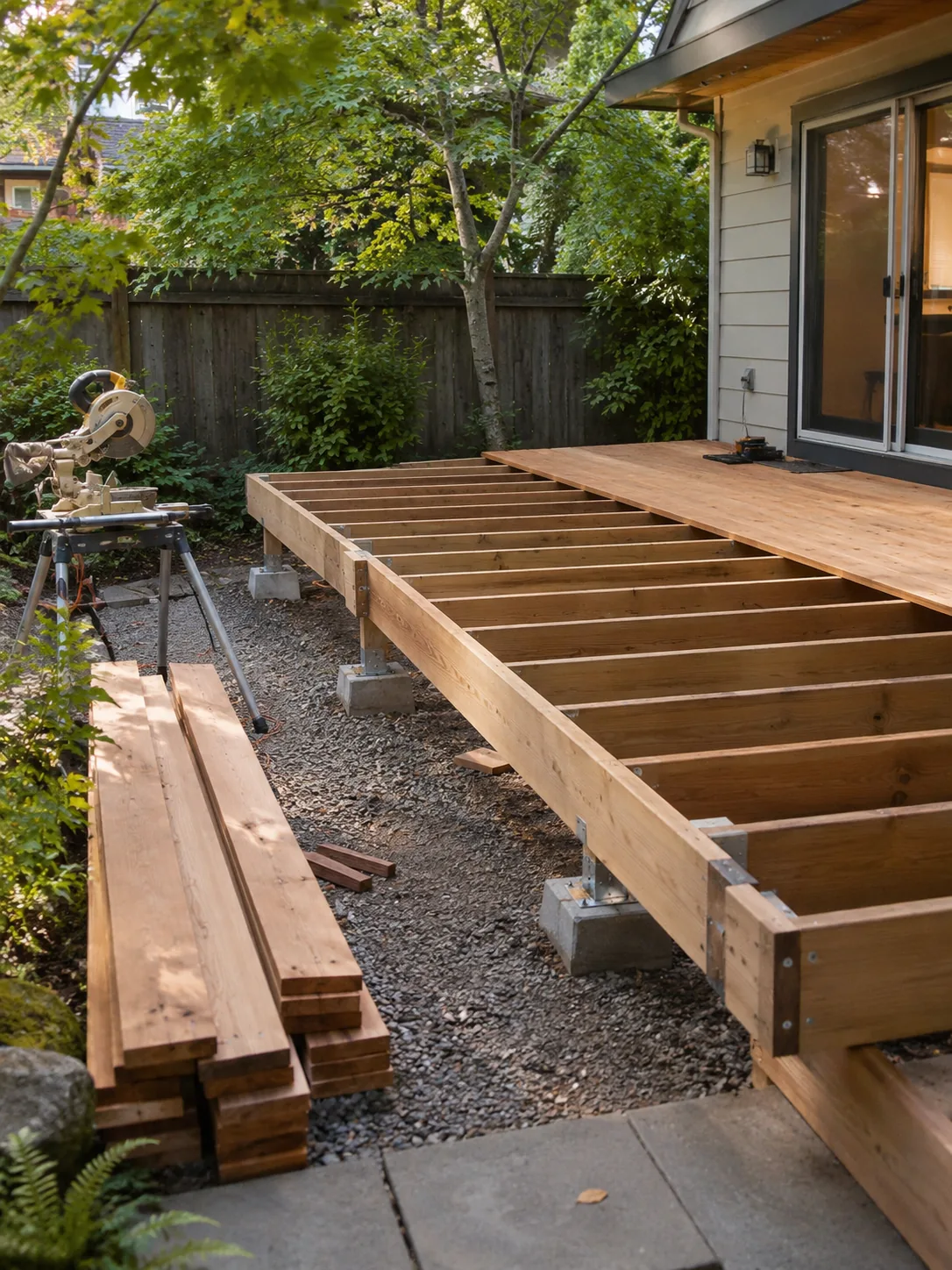 Deck replacement with new framing and carpentry tools