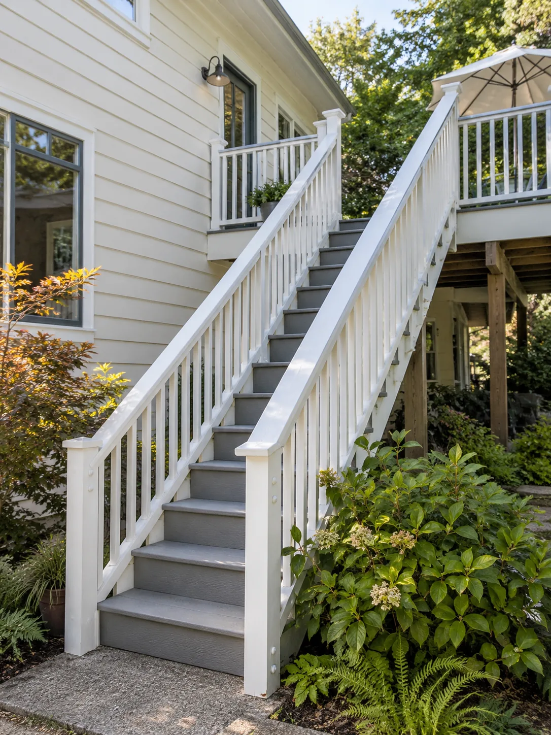 Gray deck stairs with white railings beside a house