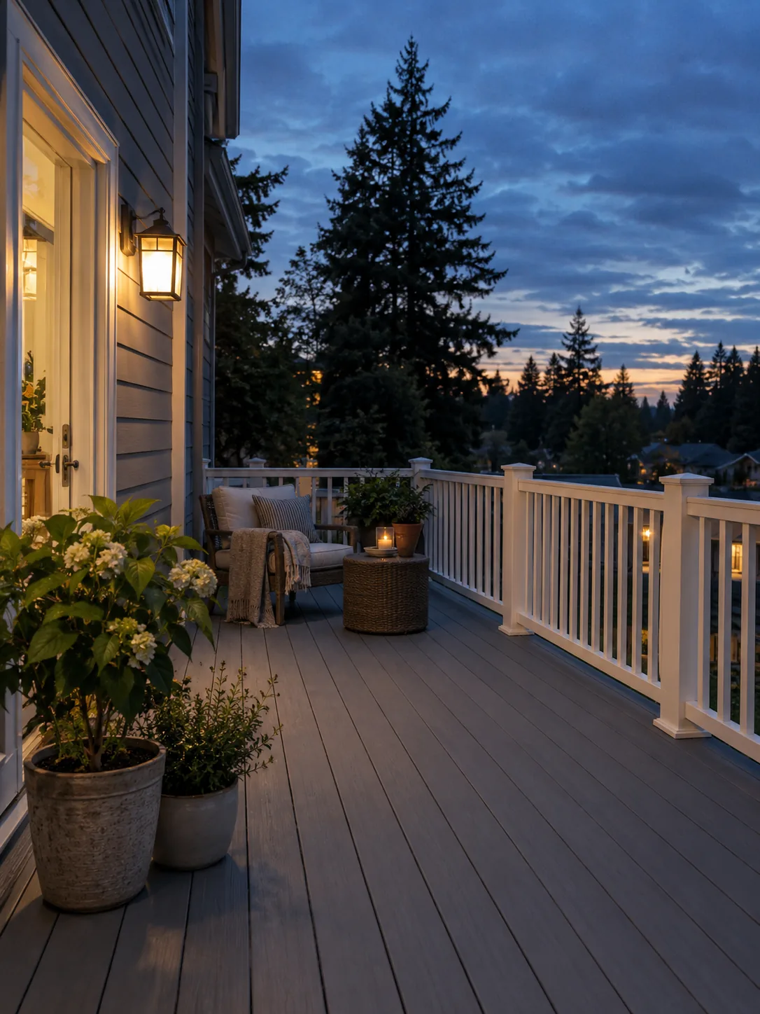 Gray deck with white railing in soft evening light