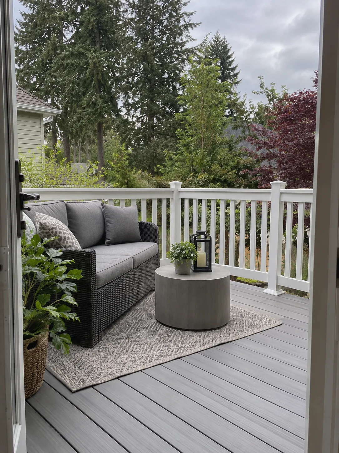 Gray composite deck with white railing and outdoor seating