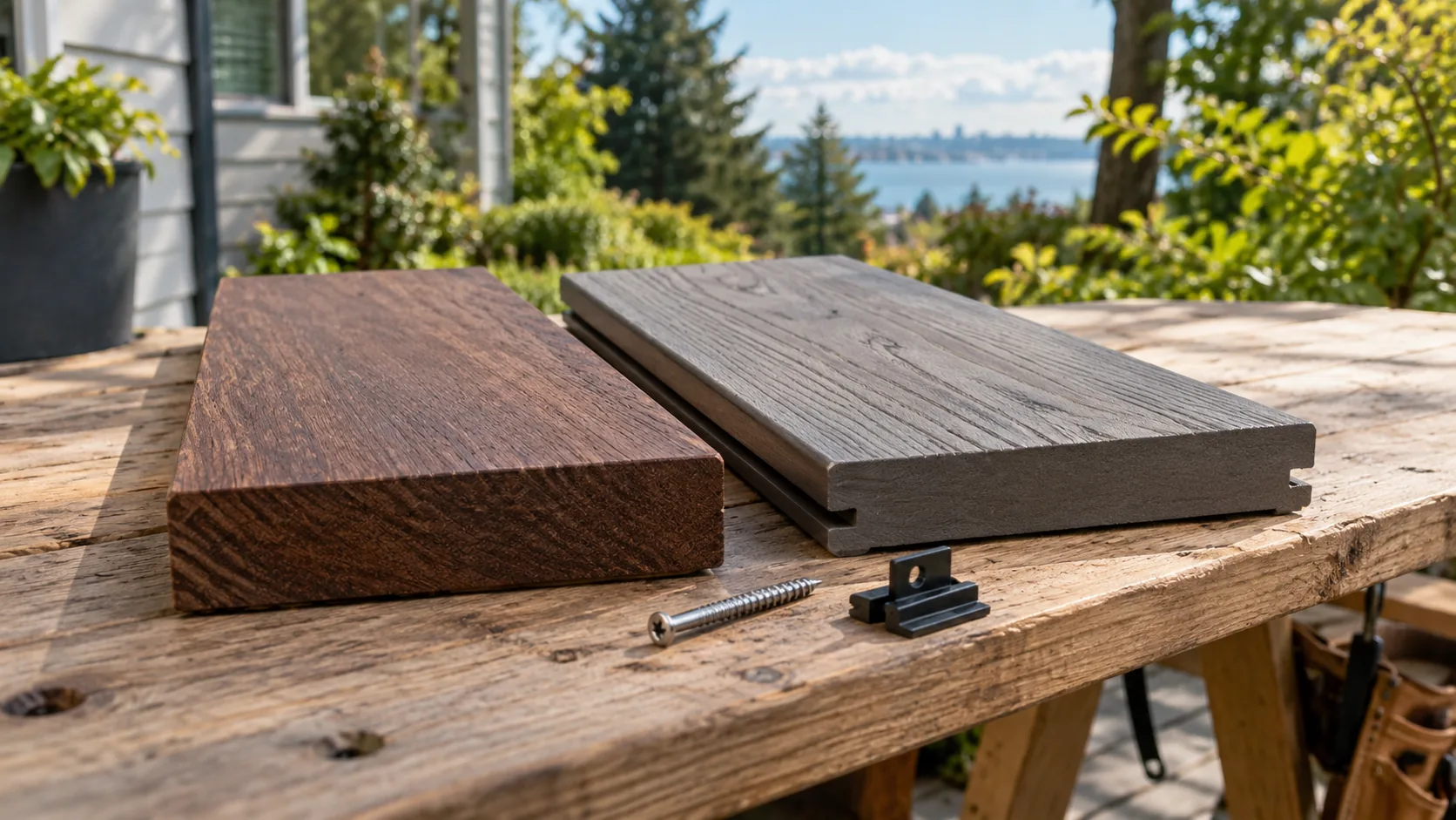 IPE hardwood and gray composite decking samples