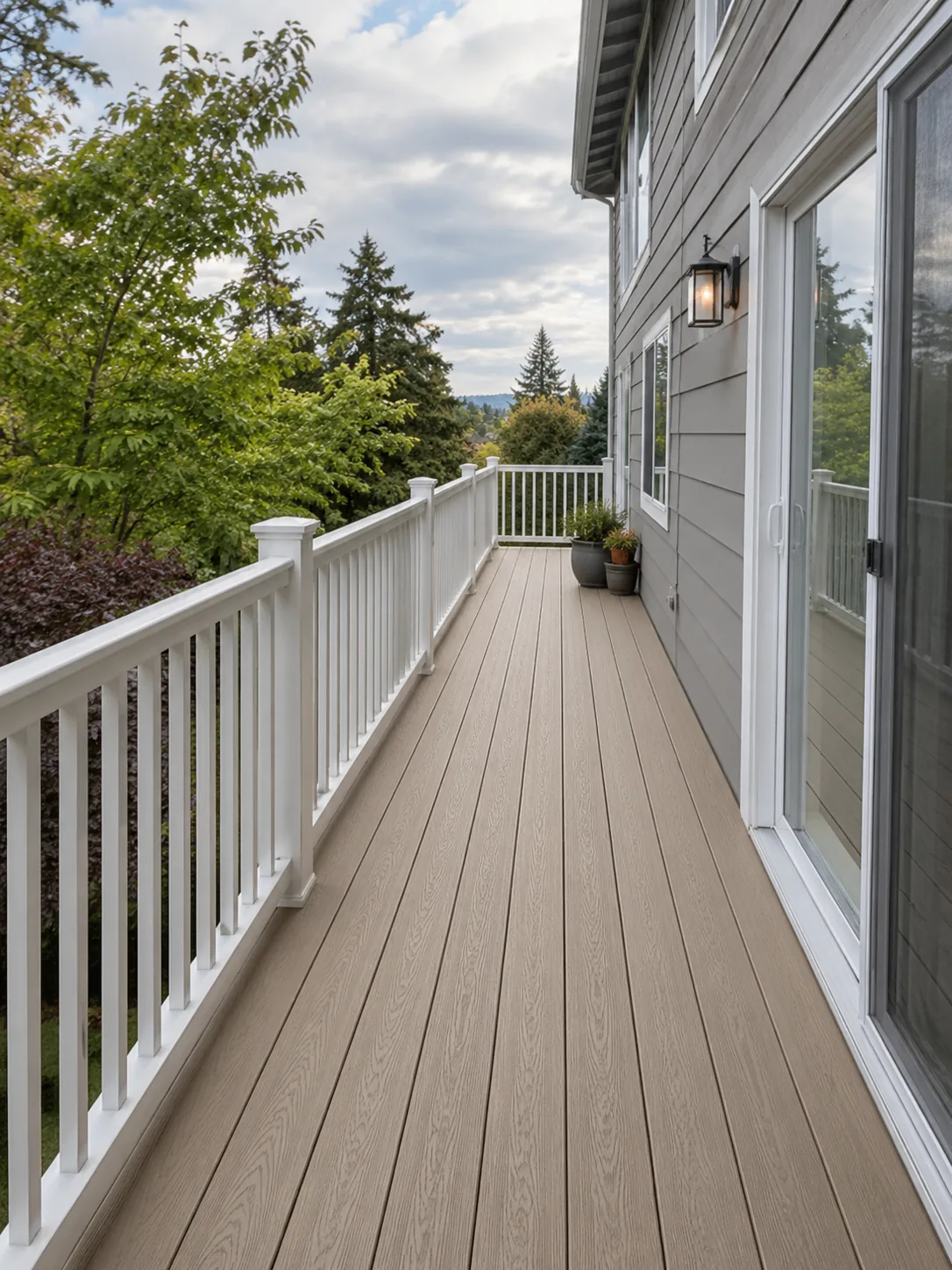 Light composite deck along a house with white railing
