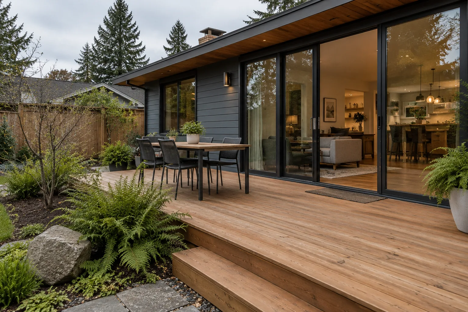 Modern home opening onto a cedar backyard deck