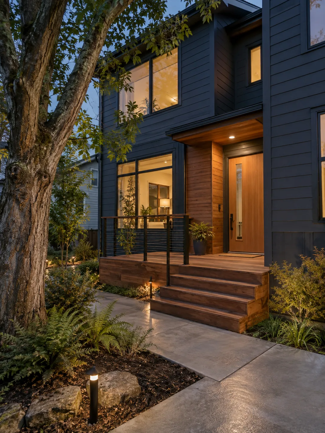 Modern townhouse with cedar accents and an entry deck