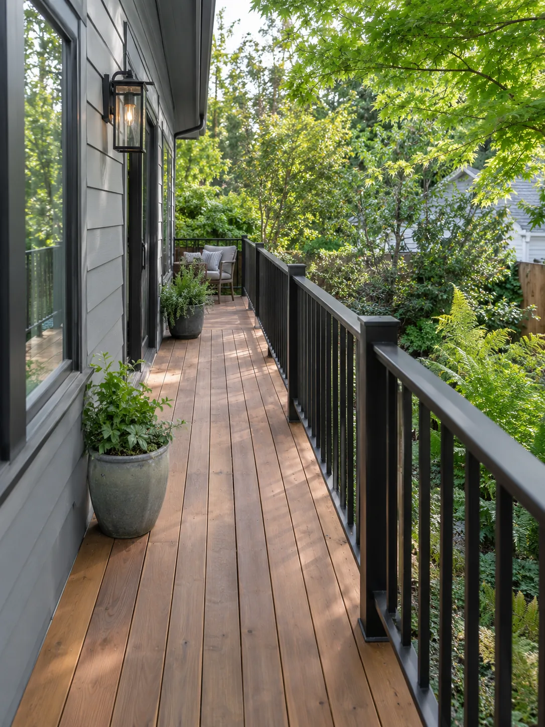 Narrow cedar deck walkway with black metal railing