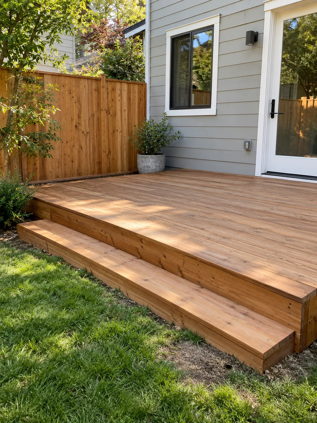 New low cedar deck in a fenced backyard