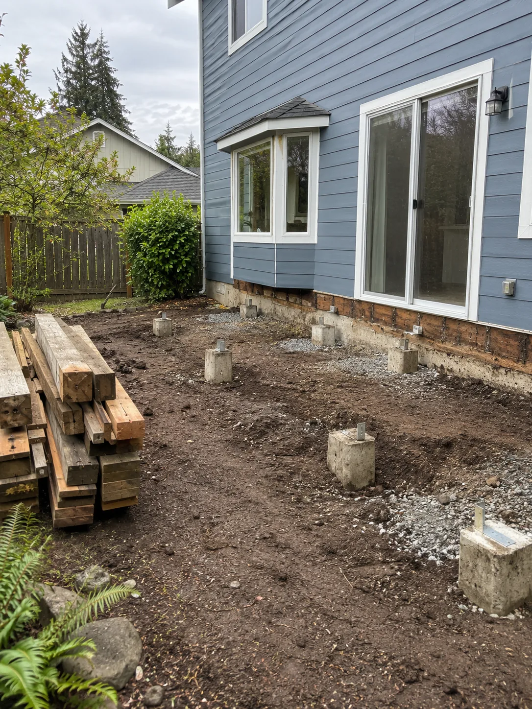 Site preparation and exposed footings after deck removal